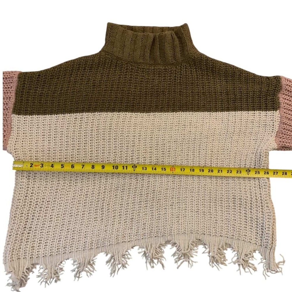 POL Sweater Womens Small Brown Pink Colorblock Fringe Mock Neck MST127 Boho - Picture 6 of 8